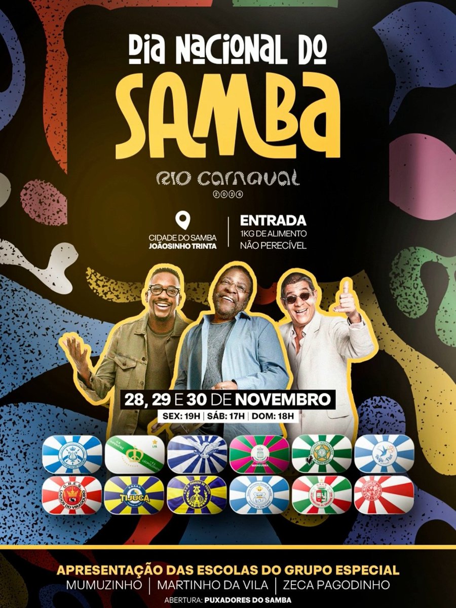 sambariosite's tweet image. De hoje até domingo, a Cidade do Samba recebe as apresentações das escolas do Grupo Especial em comemoração ao Dia Nacional do Samba. Ainda terá Mumuzinho, Martinho da Vila, Zeca Pagodinho e o grupo Puxadores do Samba.

A entrada é franca mediante a 1kg de alimento não perecível.