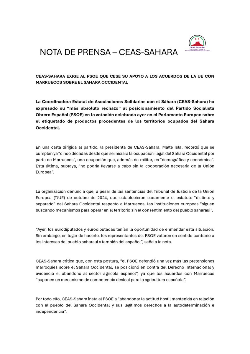 La Coordinadora Estatal de Asociaciones Solidarias con el Sáhara ha expresado su “más absoluto rechazo” al posicionamiento del <a href="/PSOE/">PSOE</a>  en la votación celebrada ayer en el Parlamento Europeo sobre el etiquetado de productos procedentes de los territorios del Sahara Occidental