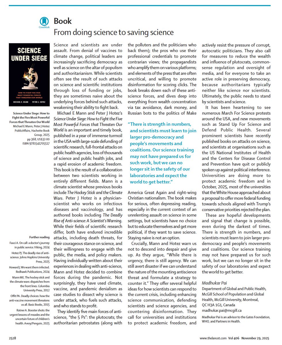 Print version of <a href="/TheLancet/">The Lancet</a> review of #ScienceUnderSiege