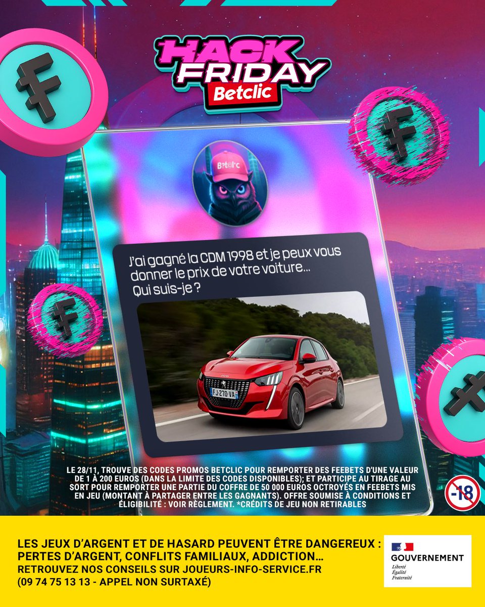 Betclic's tweet image. 👾 UN NOUVEAU HACK QUIZ ? 👾

5×5€ de Feebets* en jeu pour ceux qui trouvent la bonne réponse 🎁

🍀 RT + ta réponse + ton pseudo + #HackFridayBetclic