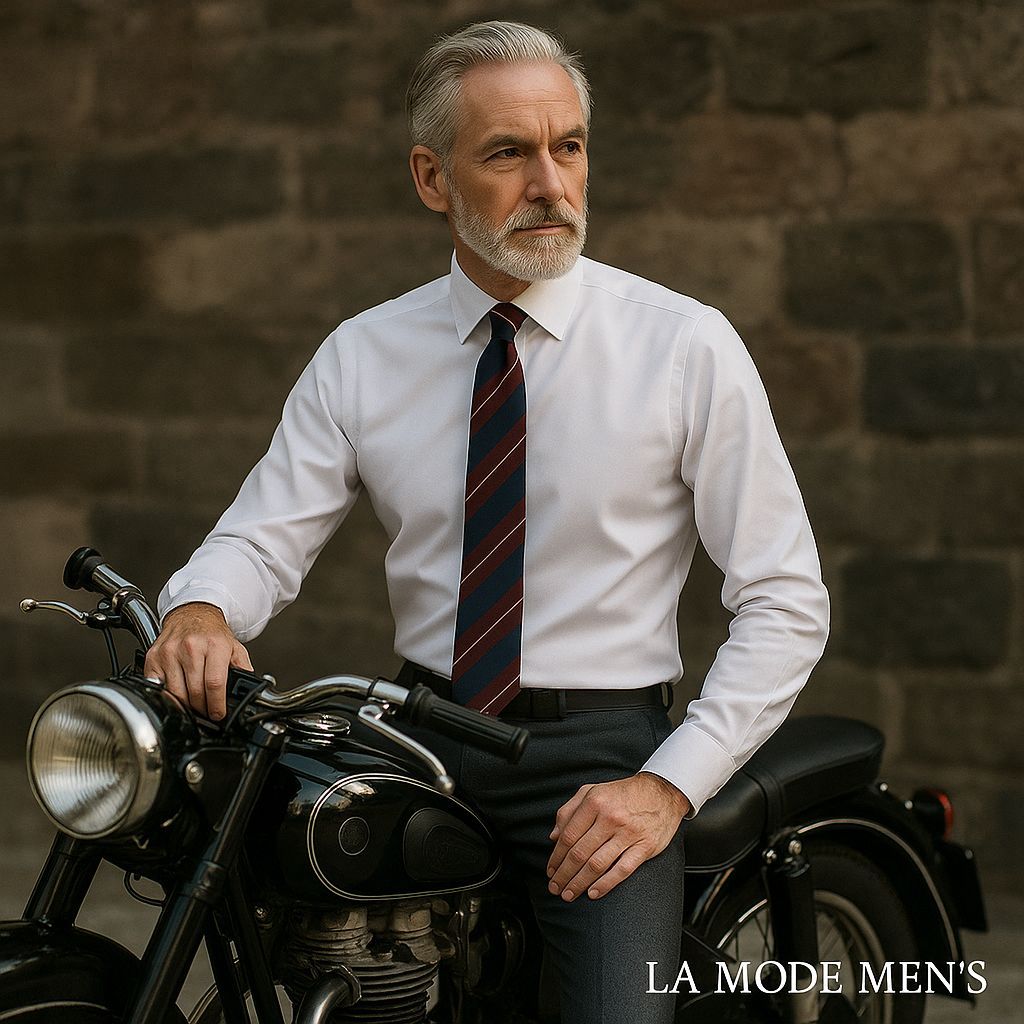 men_mode's tweet image. Timeless style. Classic confidence.
White dress shirt ✔️
Navy/Burgundy striped tie ✔️
Vintage motorcycle ✔️
Elegance never goes out of fashion.
#LaModeMens #MensFashion