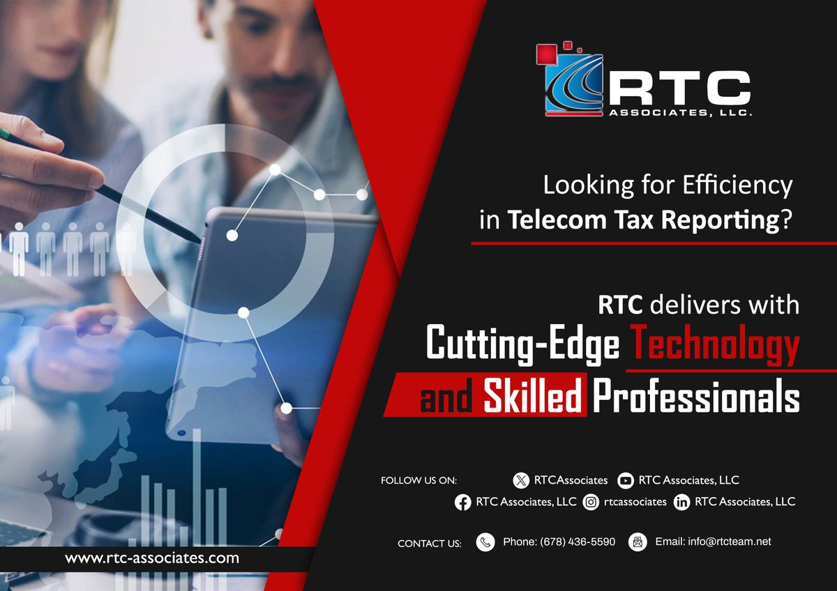 RTCAssociates's tweet image. 🚀 Cutting-Edge Tech and Skilled Professionals! 📊

RTC delivers efficiency in telecom tax reporting with state-of-the-art technology and expert professionals. Stay compliant, accurate, and ahead of the curve! ✅

#RTCAssociates
#TelecomTax
#TechDriven
#RTCExperts