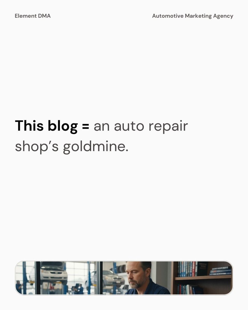 ElementDMA's tweet image. Most marketing blogs: generic advice for any business.

Our blog: exclusively for auto repair shops with 6+ bays. 🚗

Real strategies from actual client work:
- Top 3 rankings
- Lower cost per lead
- 100+ calls/month

No fluff. Just what works.

elementdma.com/blog 📚