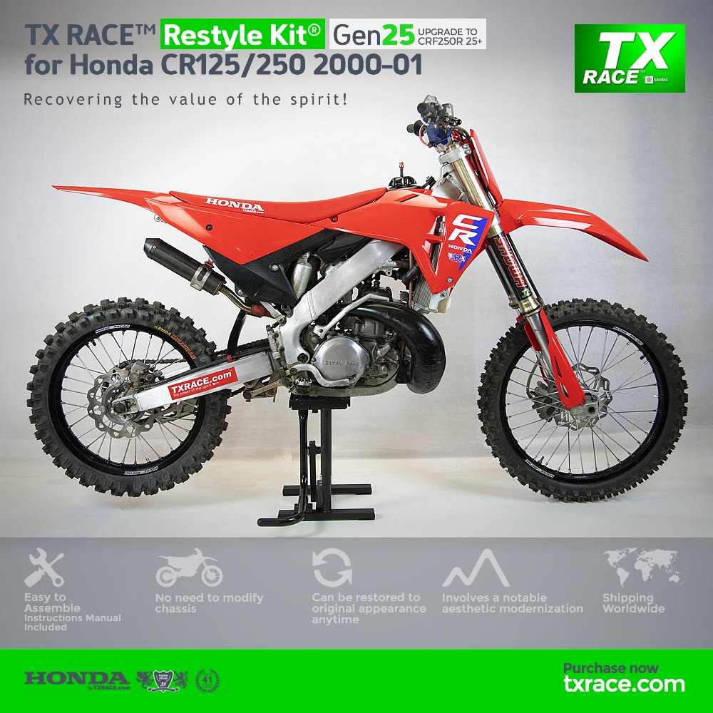 txrace's tweet photo. NEW WORLDWIDE RELEASE! TX RACE™ Restyle Kit® *Gen25* for *Honda CR125/250 2000-01 Available to order now at txrace dot com - https://t.co/wICnLsUDmM - #txrace #txracekit #restyle #restyling #conversion #honda #hondanation #crf250R #mx #motocross https://t.co/jdbIZgON0B