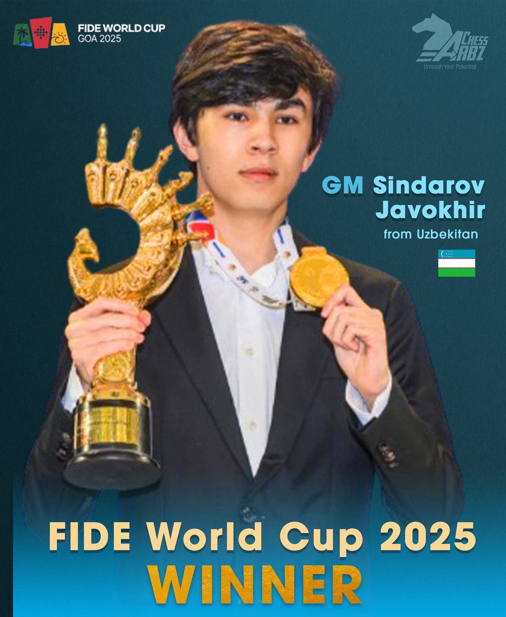 arbz_calido's tweet image. GM Javokhir Sindarov from Uzbekistan reached a historic landmark, earning the title of the youngest champion in the history of the FIDE World Cup at the age of 19. 
Congratulations on this exceptional success!

Like &amp;amp; Follow Arbz Chess. 
Thank you. 

#chess
#FIDEWorldCup2025