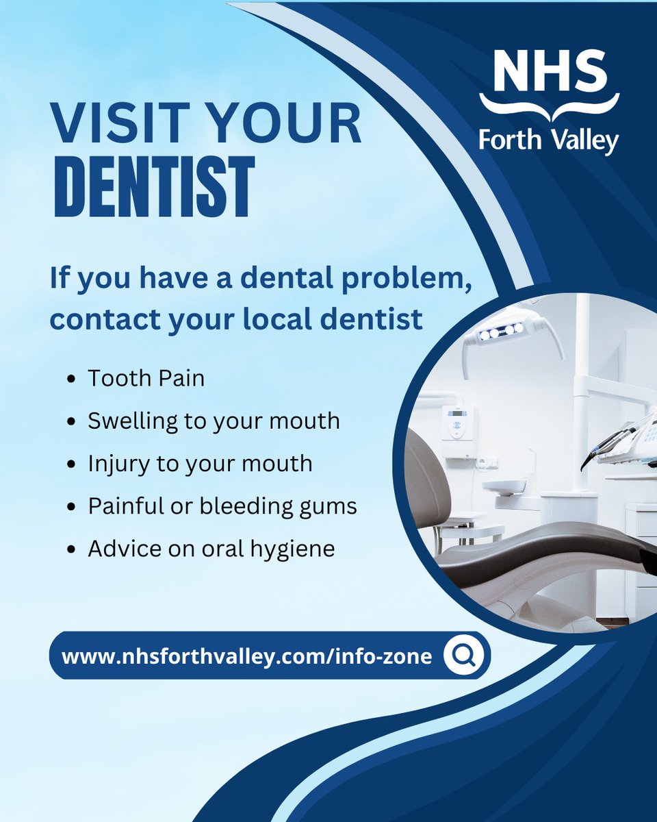 NHSForthValley's tweet image. If you’re experiencing dental problems your local Dental Practice should be the first place you contact.

Visit nhsforthvalley.com/info-zone to find out what to do when your dental practice is closed or you are not registered with a dental practice.
