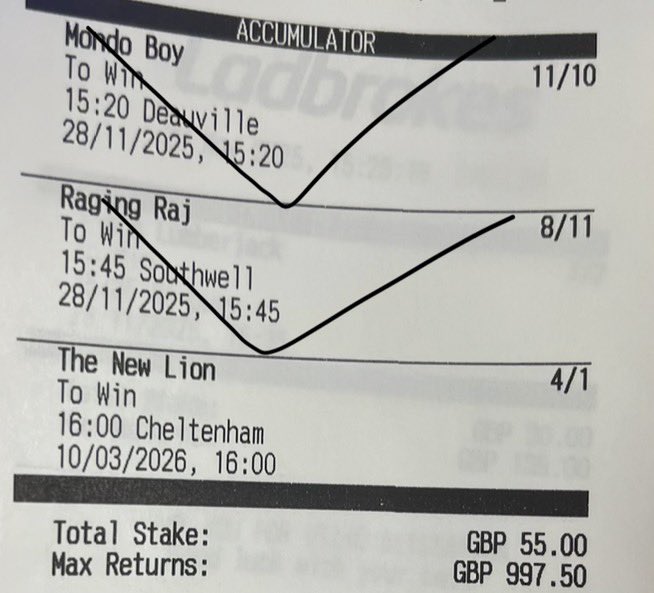 Played this rollup earlier on The New Lion to win the Champion Hurdle at 4/1 🐎

Had a smaller rollup I played as well which Regent’s Stroll let down but very happy with position now on the Champion Hurdle.

No need to add to my position until after Fighting Fifth now. Come on