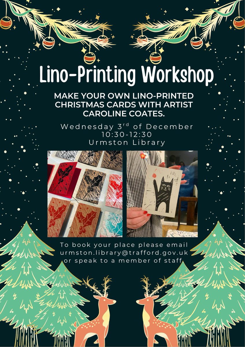 TraffLibraries's tweet image. Join  Artist Caroline Coates for some festive lino printing workshops this December! Its free to book but places are limited so please secure your place ASAP!
 #LinoPrinting #PrintmakingWorkshop
