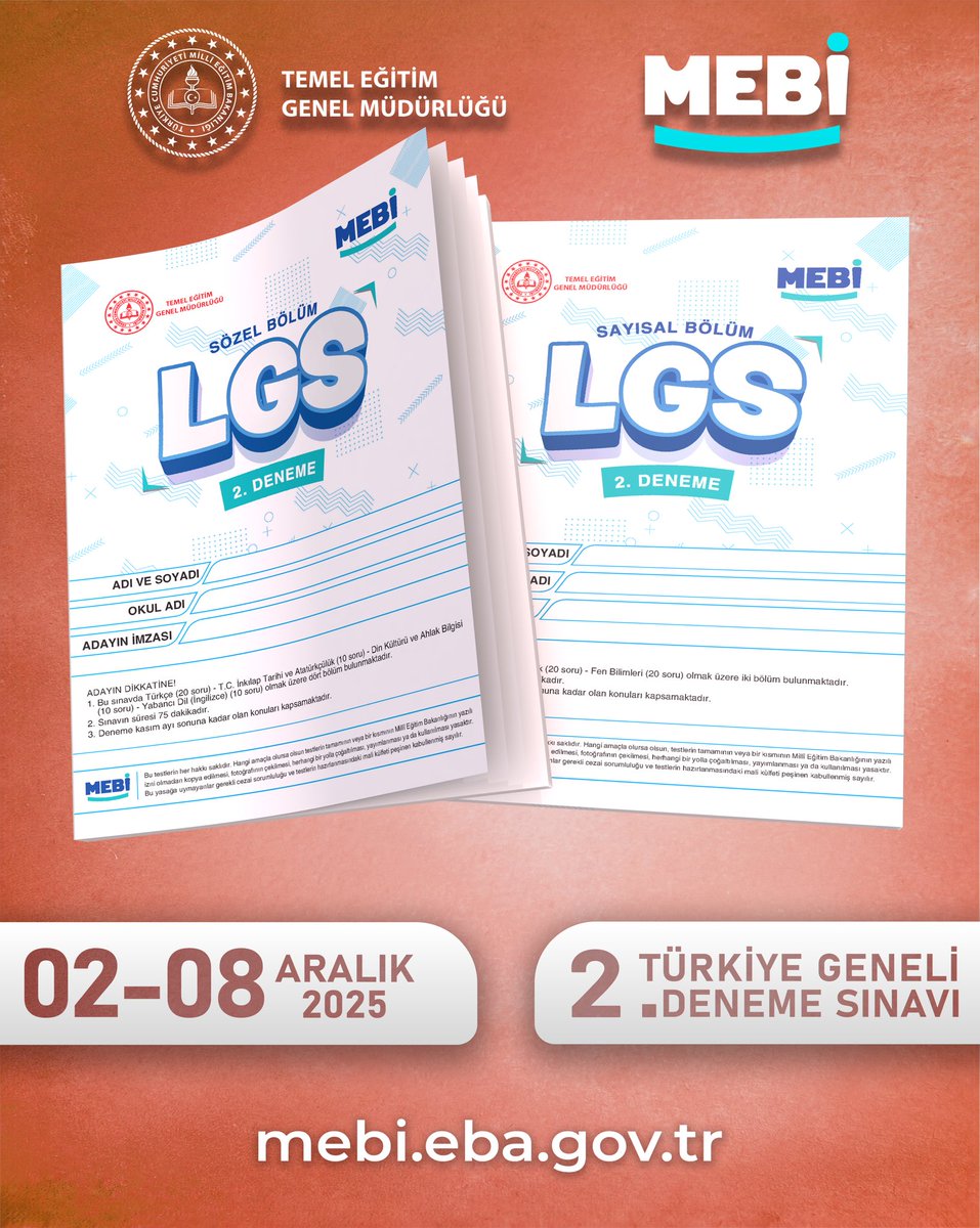 LGS hazırlığında hız kesmiyoruz!🥳
2. çevrim içi denememiz 02–08 Aralık’ta MEBİ’de seni bekliyor.

Sözel ve sayısal oturumlarıyla gerçek sınav deneyimi:
✔ Doğru–yanlışlarını anında gör
✔ Puanını öğren
✔ Türkiye geneli yüzdelik dilimini keşfet

Denemeye katılmak çok kolay!