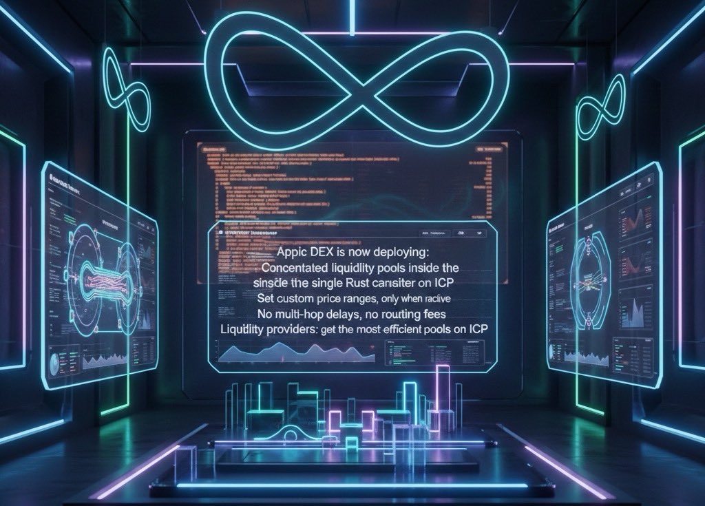 BLOCKCHAIPLANET's tweet image. Appic DEX is now deploying:

•  Concentrated liquidity pools inside a single Rust canister on ICP
•  Set custom price ranges, earn fees only when your range is active
•  No multi-hop delays, no routing fees

#ICP #DEFİ #EVM @clownitx @Appic_ICP