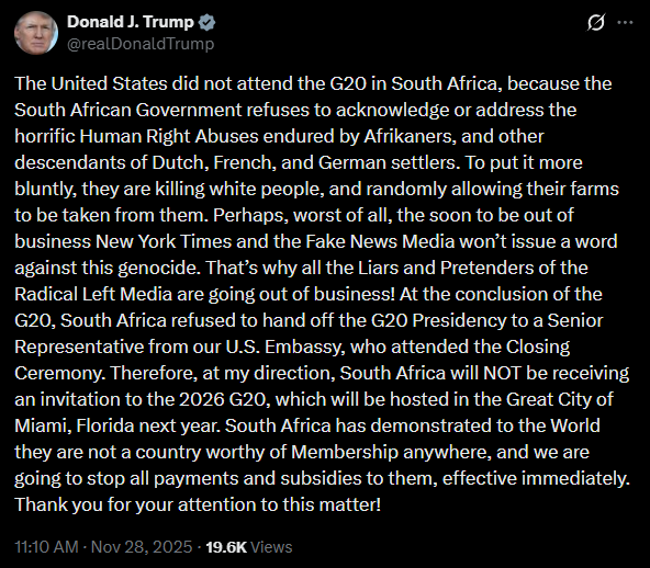 📉KOBEISSI: Trump annuncia la sospensione dei pagamenti al Sudafrica e l'esclusione dal G20 del 2026