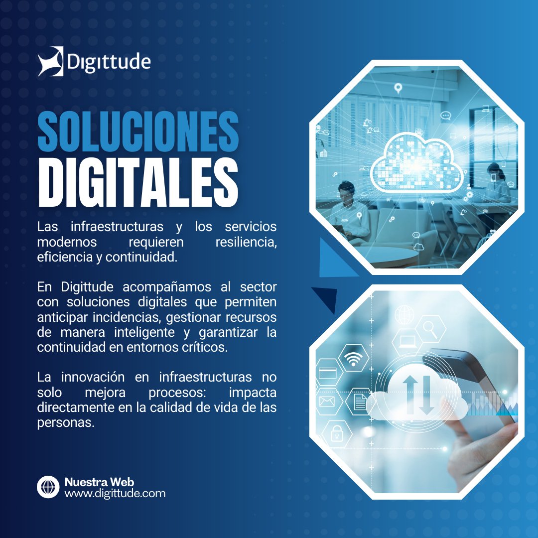 DigittudeS's tweet image. Las infraestructuras y los servicios modernos requieren resiliencia, eficiencia y continuidad.
En Digittude acompañamos al sector con soluciones digitales que permiten anticipar incidencias, gestionar recursos de manera inteligente y garantizar la continuidad en entornos críticos