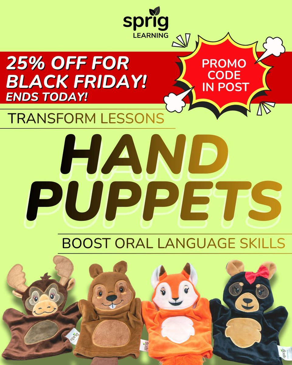 SprigLearning's tweet image. Watch your Pre-K to 3 students light up as they lead a story with Sprig’s moose, bear, fox, and beaver hand puppets! Transform lessons into interactive learning! Grab your hand puppet pack: buff.ly/4FcXqE5 
Use the code 25OFF during checkout.

#HandPuppets #BlackFriday