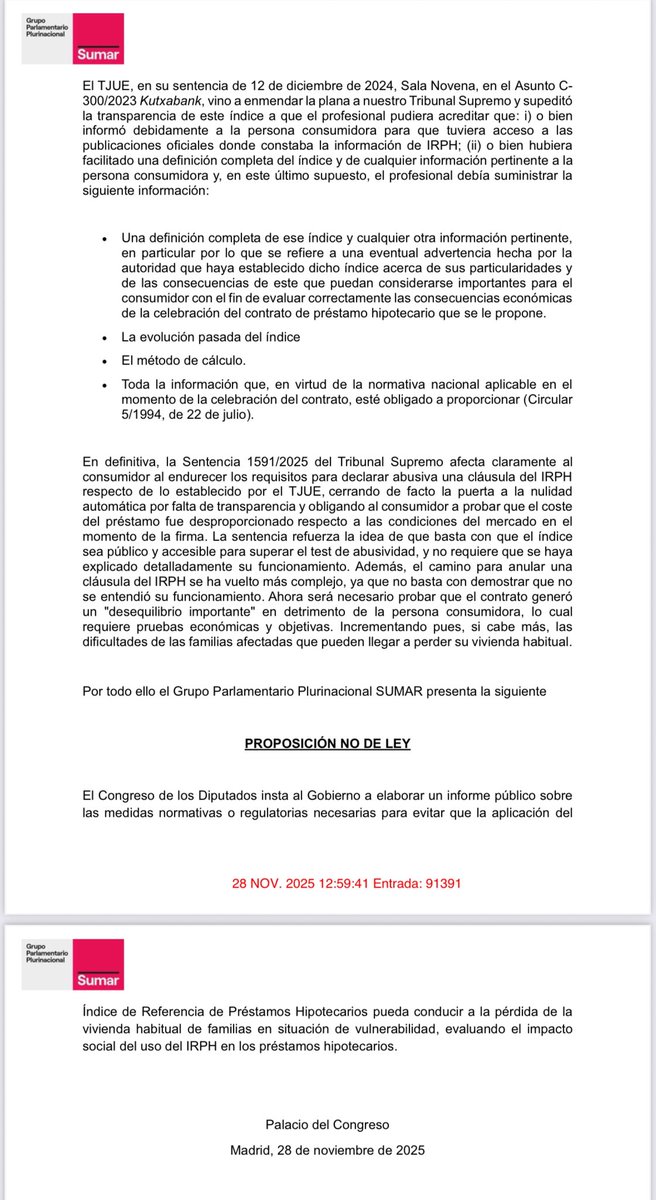 Hemos registrado una PNL para pedir un informe actualizado sobre el #IRPH; se debatirá el 11D en la Comisión de Consumo del <a href="/Congreso_Es/">Congreso</a>.

Es crucial contar con los votos de sus señorías para replicar el éxito del informe de Baleares que allanó el camino a la sentencia del TJUE👇