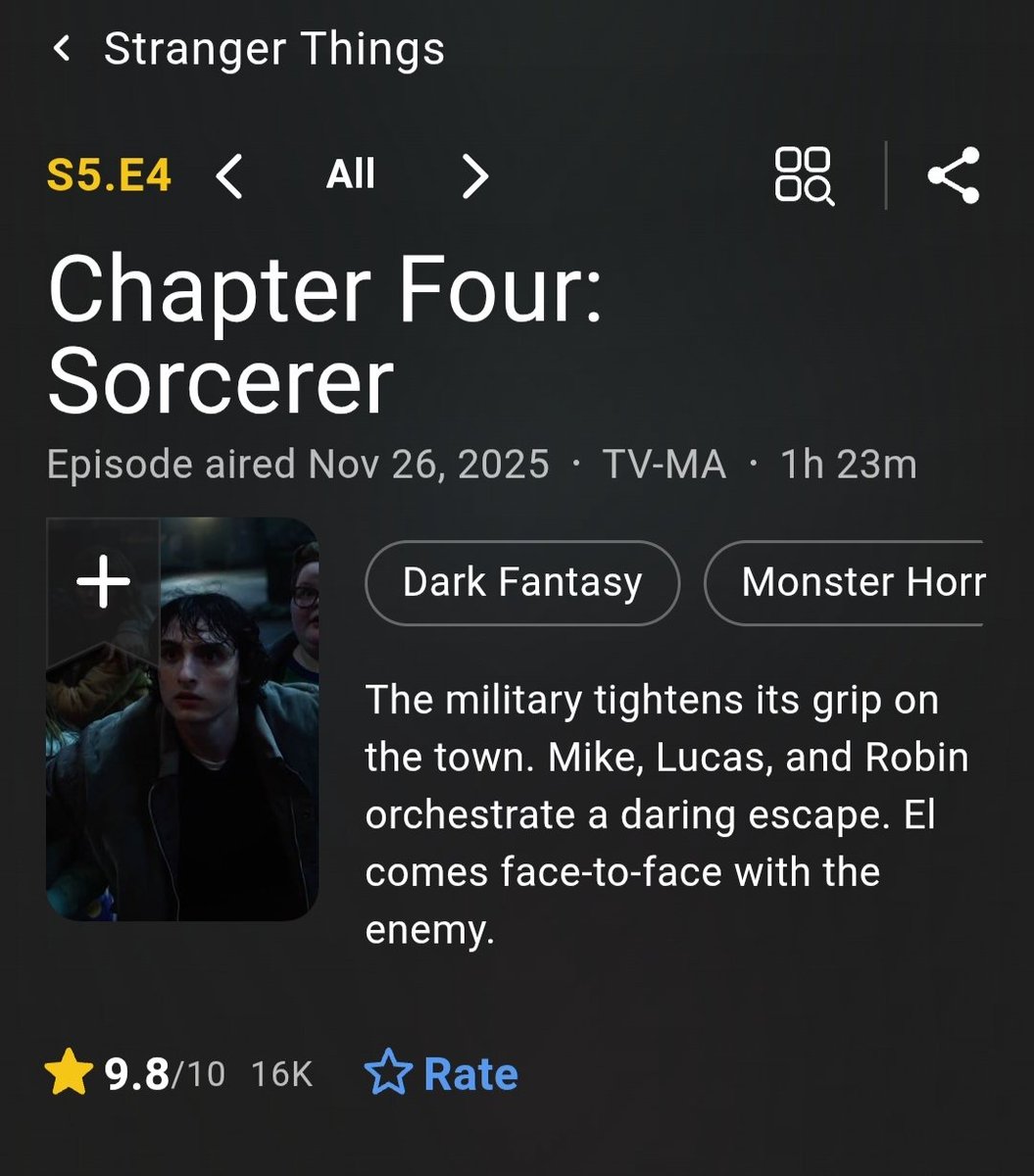 GrapeScreen's tweet image. Episode 4 of #StrangerThings5 is currently the highest rated episode the series on #IMDb with a 9.8/10