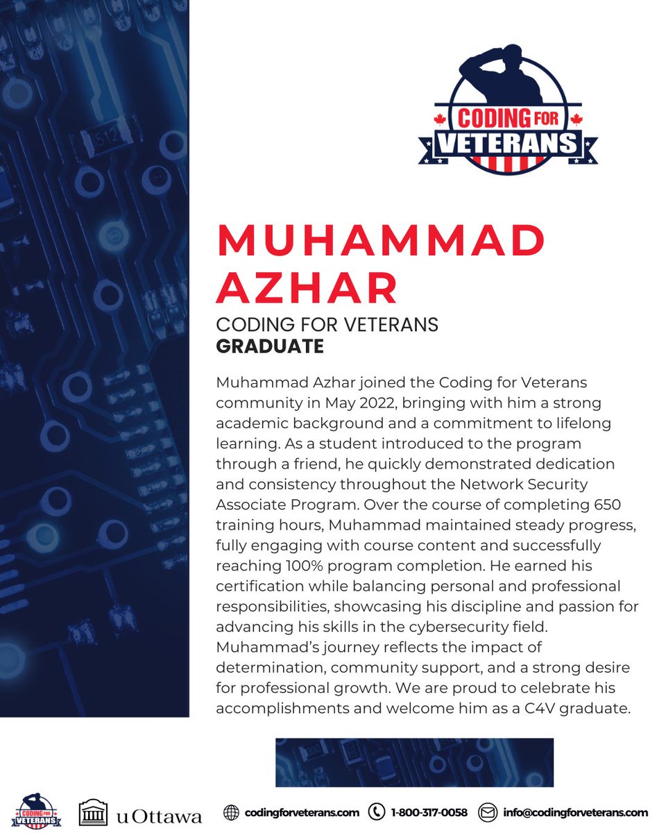 Coding4Veterans's tweet image. Congratulations to Muhammad Azhar on graduating from the Network Security Associate Program! His perseverance, hard work, and passion for continuous growth truly shine. We’re proud to celebrate this milestone with him!