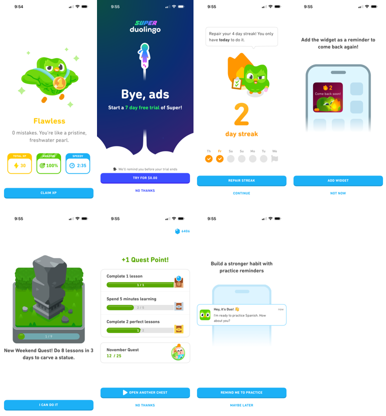 it_gav's tweet photo. @duolingo has an unruly amount of annoying click-throughs after a lesson. Here are 7 that I had to click through after a lesson.

It is easier to close/clear the app and then re-open instead of clicking through them. https://t.co/WeNINVFlQv