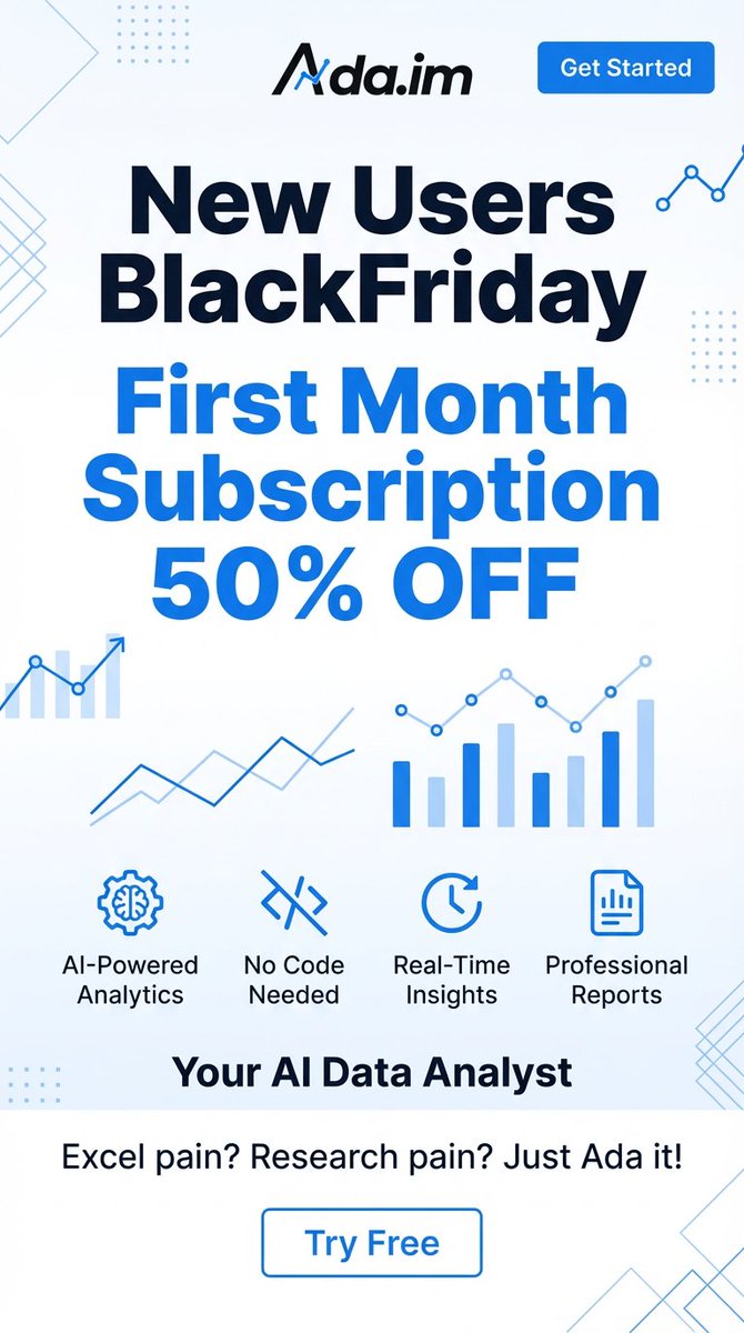 ada_dataanalyst's tweet image. 🚀 Black Friday Exclusive for New Users
Power your e-commerce insights with Ada.im — now 50% OFF for the first month.

Track sales, understand customers, monitor inventory, and turn raw Excel files into clear insights instantly.
This Black Friday, upgrade your…