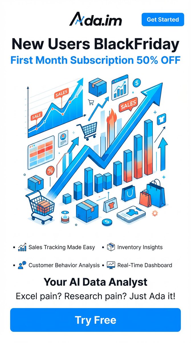ada_dataanalyst's tweet image. 🚀 Black Friday Exclusive for New Users
Power your e-commerce insights with Ada.im — now 50% OFF for the first month.

Track sales, understand customers, monitor inventory, and turn raw Excel files into clear insights instantly.
This Black Friday, upgrade your…