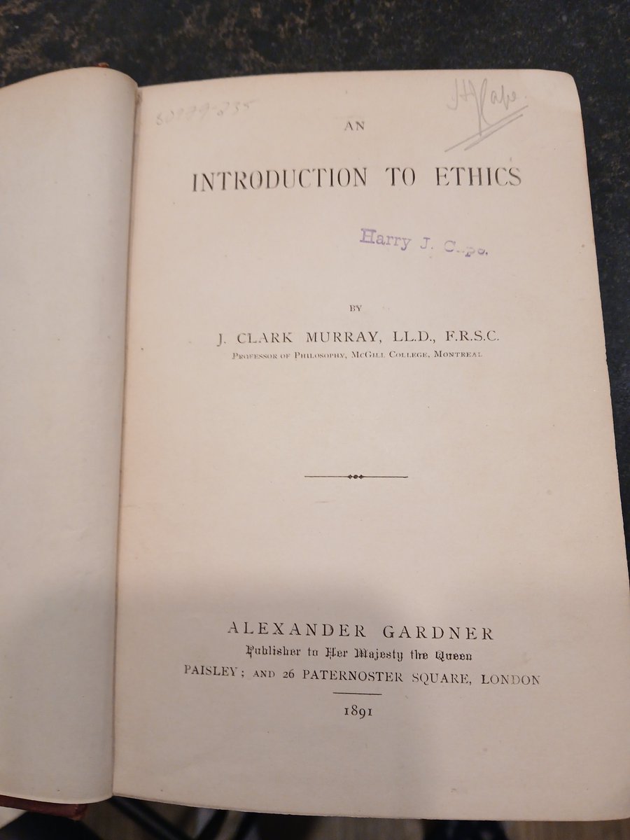 I'm always looking for old, rare works of Canadian philosophy. At Vancouver's MacLeod's Books, I found John Clark Murray's "Introduction to Ethics" (1891). He was an early ethics professor at <a href="/mcgillu/">McGill University</a> and fought to have McGill admit women.

#McGill #philosophy #Montreal