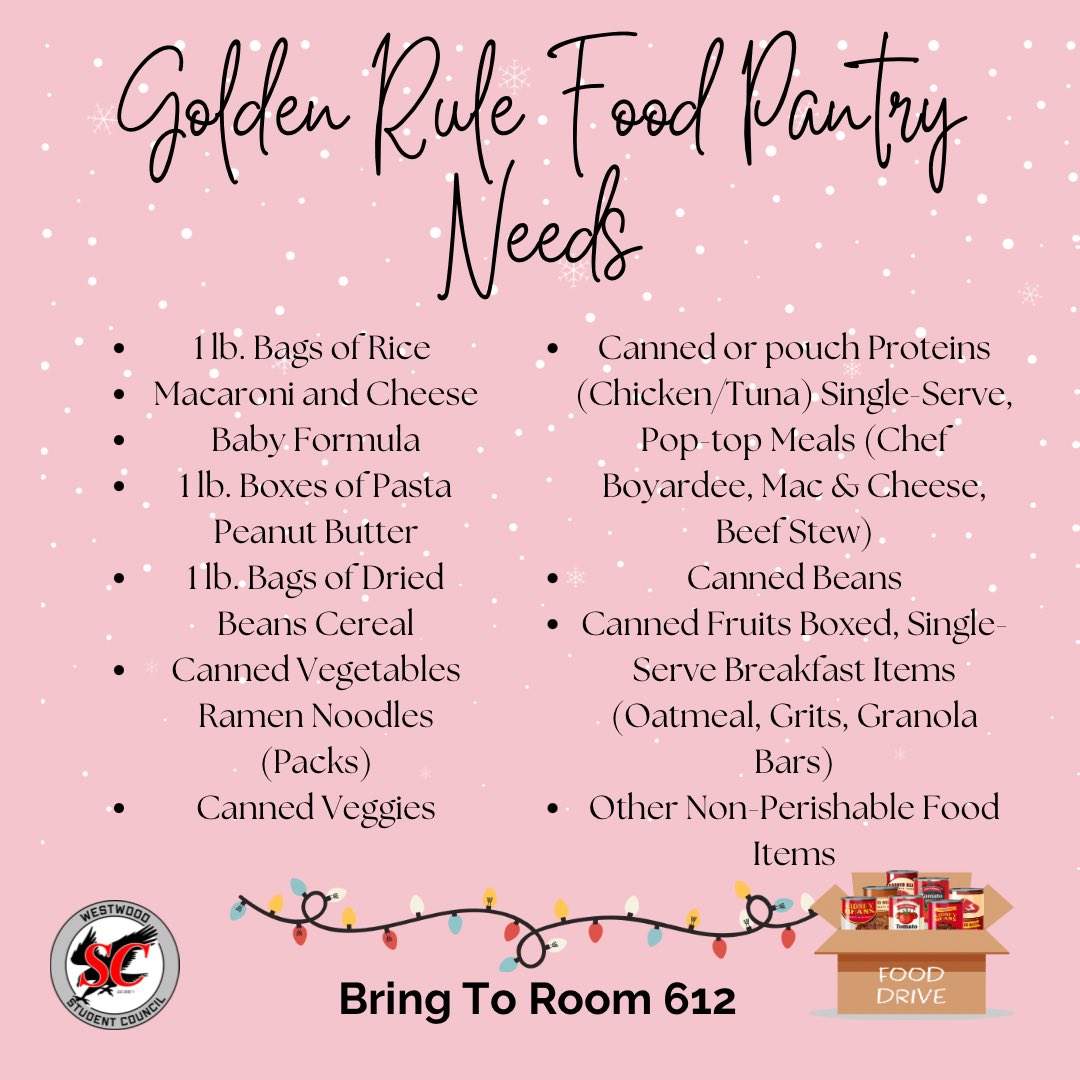 westwood_stuco's tweet photo. ✨ ’Tis the season to give back, Redhawks! ✨We’re collecting non-perishable items for the Golden Rule Food Pantry. Donate 5 items, get 1 tardy removed! ❤️🎁 Plus, lunch activities in Room 612 every Mon &amp; Wed in December. Let’s spread holiday joy &amp; support our community! 🏰 https://t.co/xRTn7ZVJnm