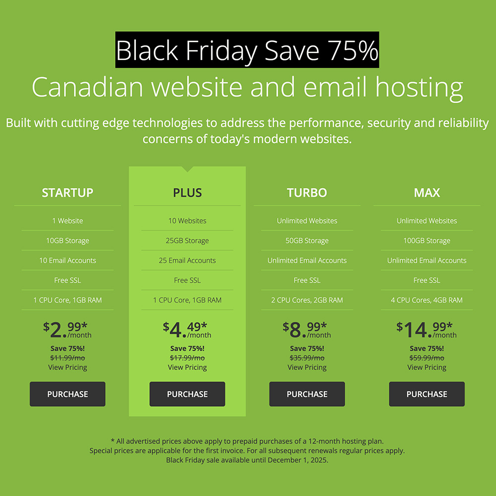 Black Friday is here!
Take advantage of our biggest sale ever and get Canadian website and email hosting for only $2.99*/month.
varialhosting.com