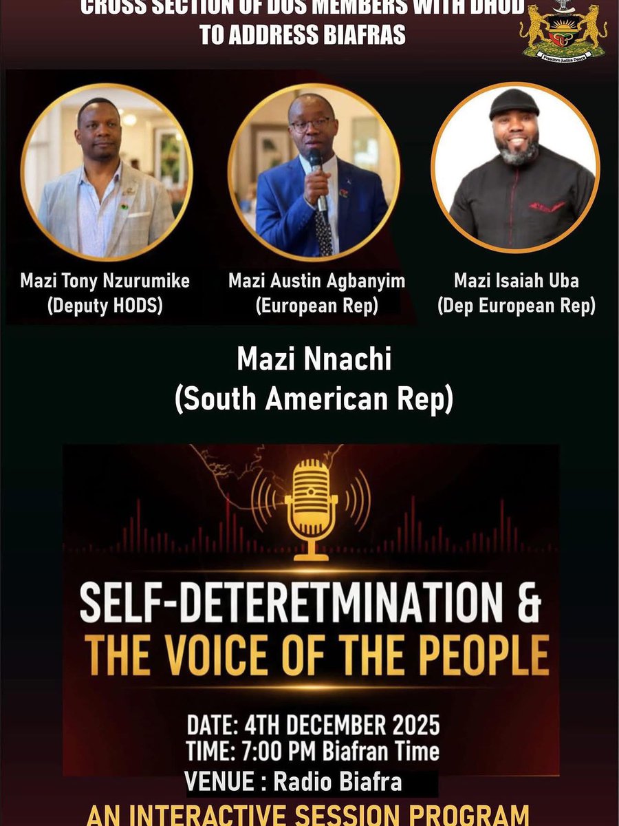 IndiaIpob's tweet photo. Just in !
Cross section of members of DOS with DHOD to address Biafrans .Interractive Session on Radio Biafra π»...
Date - 4th December, 2025
Time 7pm Biafra Time...
#FreeNnamdiKanu
#JusticeForMNK
#BiafraReferendum https://t.co/SO9xyIYRvy