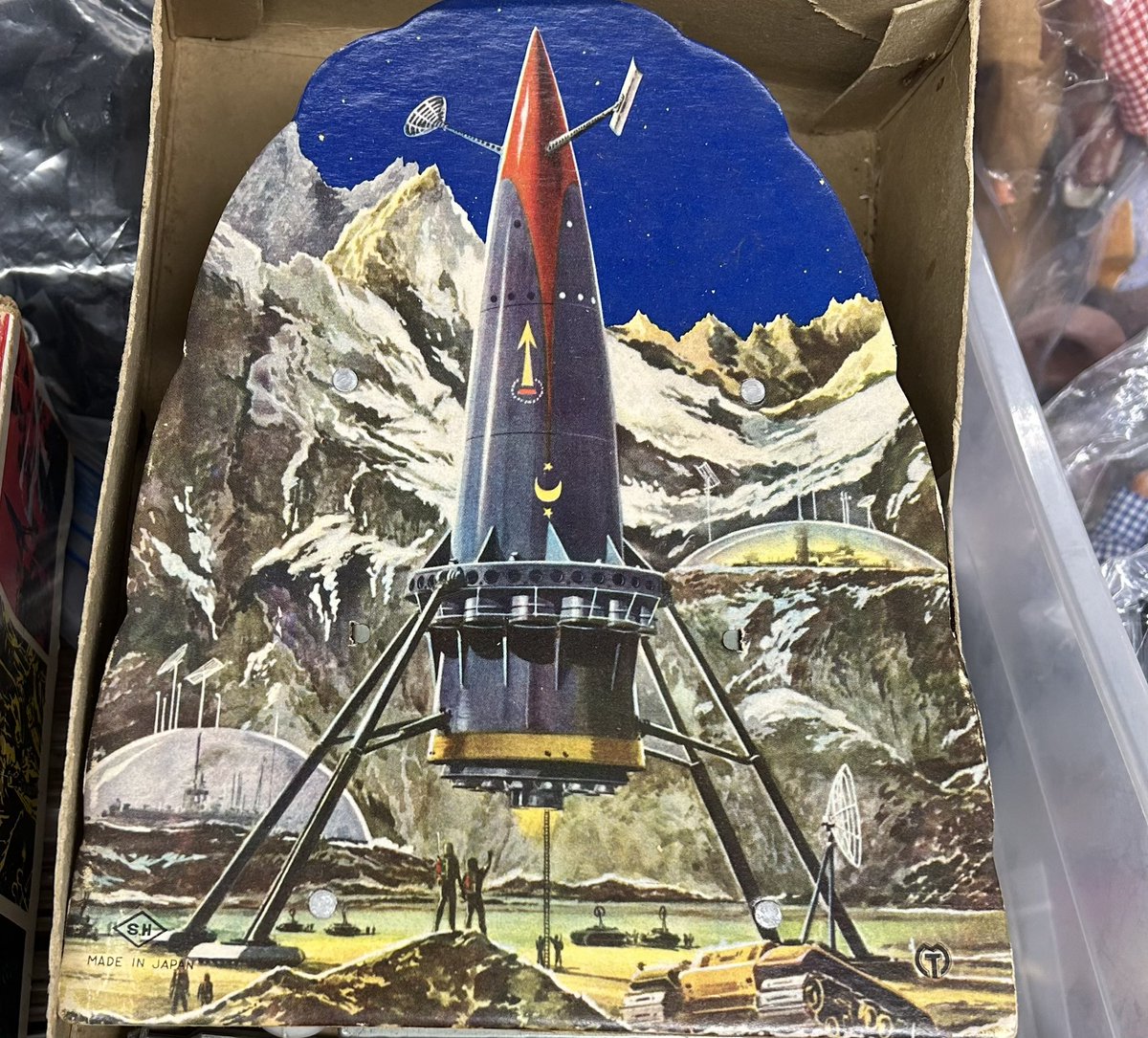 hankbukowsi's tweet image. Spotted at the antiques mall: awesome #sciencefiction graphics on this #vintage skeet shooting #toy , The Floating Satellite.  Check out those domed installations and the tracked vehicle with a towering radar dish.