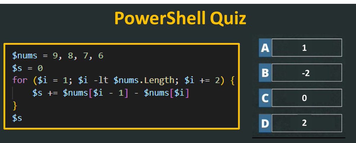 dfinke's tweet image. PowerShell Question / Quiz

What is the output of the following #PowerShell code, and why?

Comment your answers below! 👇🏻