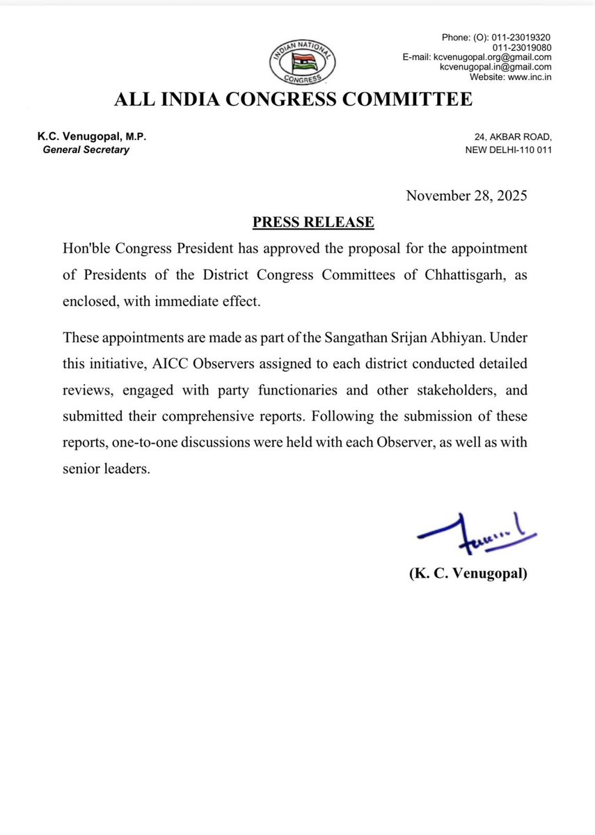 INCSandesh's tweet photo. Hon'ble Congress President has approved the proposal for the appointment of Presidents of the District Congress Committees of Chhattisgarh, as enclosed, with immediate effect. https://t.co/b4TkAyNRK6