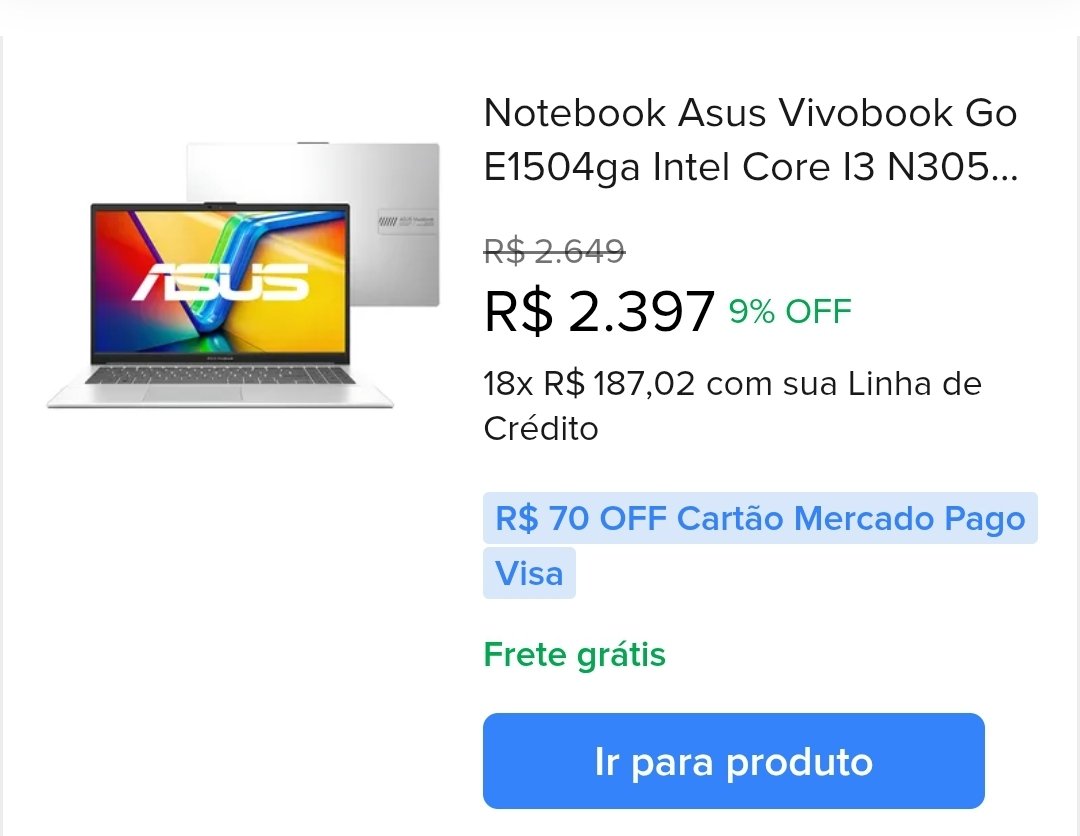Uma amiga pediu um notebook simples para estudos e algumas coisas básicas, achei esse com bom preço e pode adicionar um desses cupons mercadolivre.com/sec/21MnJ5E
cupons
LIBERACUPOM
NALIVE
MELIBARATO
SUPERBLACK250
LB3RNML47