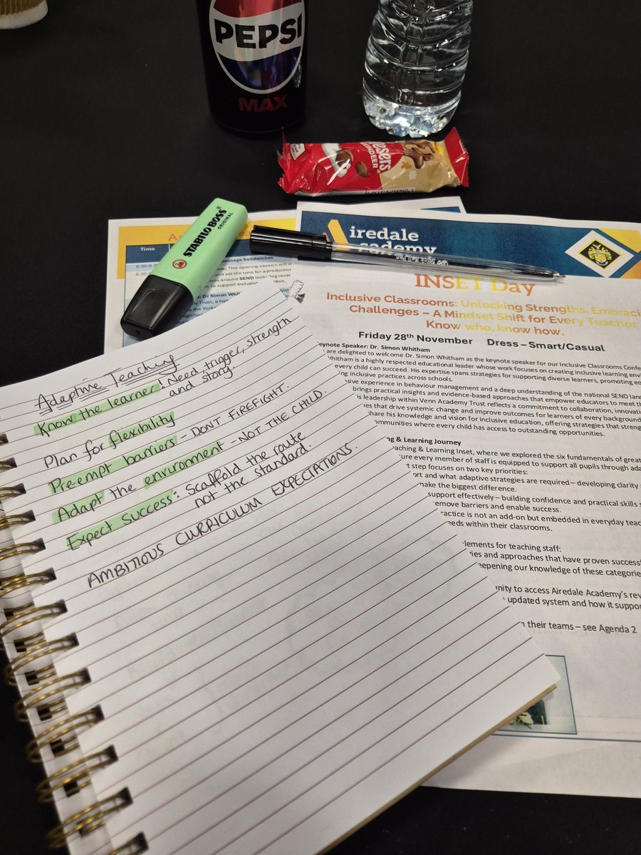 OprahRobinson's tweet image. A really inspiring inset hearing Dr Simon Witham speak so passionately about adaptive teaching. Coming away with so many ideas that I can&apos;t wait to embed into our curriculum, and make these fundamental ideas a focus for our weekly department CPD sessions #QualityFirstTeaching