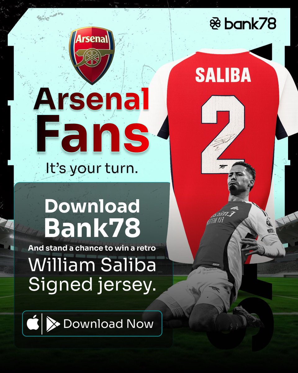 Calling all Arsenal lovers. 🔥

Bank78 is giving you a chance to own a William Saliba retro signed jersey, simply download the app and you’re in.

Premium banking meets premium fandom. 🩵⚽

#Bank78 
#EveryWayMoneyMoves
#ArsenalFC
#AClassApart