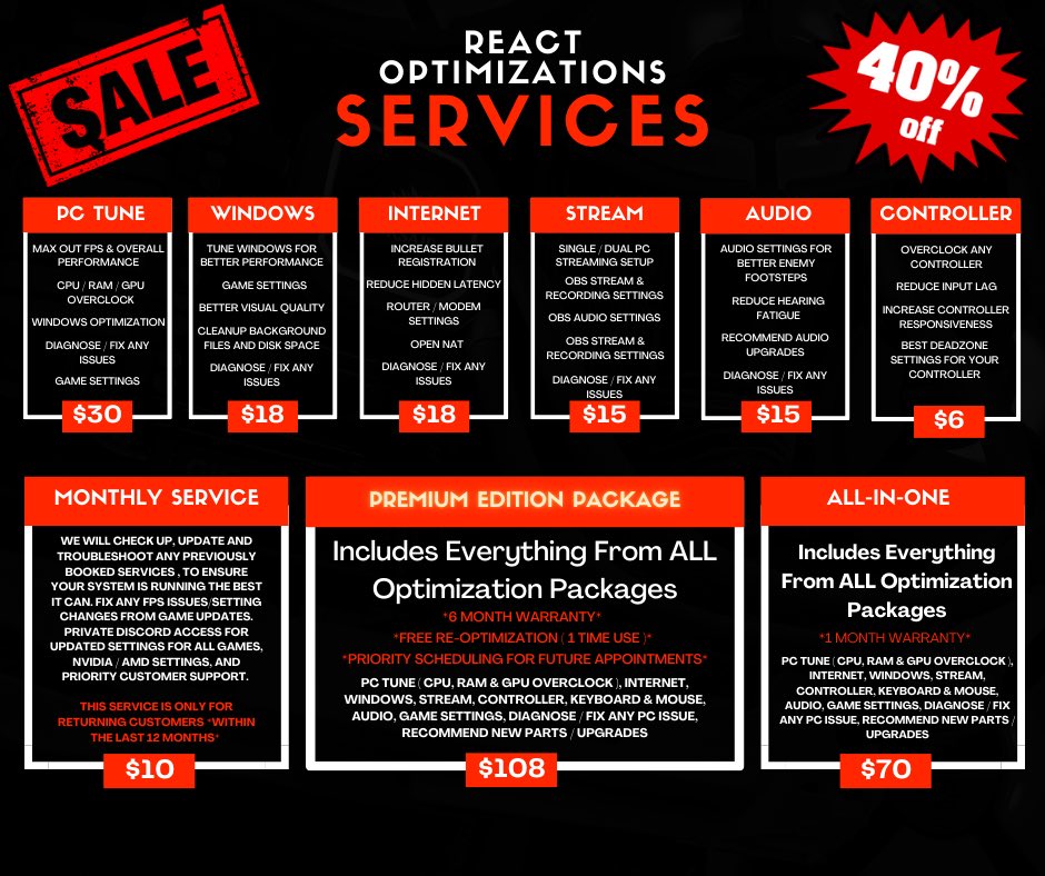 MasonReact's tweet image. 🔥 40% OFF BLACK FRIDAY SALE! 🔥
All @ReactPCs services are discounted — PC Tune, Windows, Internet, Audio, Controller, Stream, and full packages!

DM @ReactPCs, @MasonReact, or use our booking website to schedule your 40% off appointment 💥