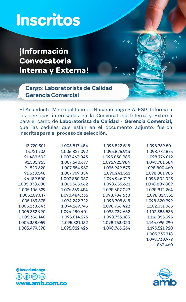 #ambInforma a las personas interesadas en la Convocatoria Interna y Externa para el cargo Laboratorista de Calidad - Gerencia Comercial que, se publican nuevamente los inscritos para el proceso de selección 👉amb.com.co/amb/inscritos-…