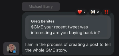 BREAKING: Michael Burry confirms he is going to 'tell the whole $GME story'.🚨