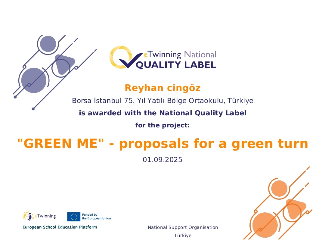 Öğretmenimiz Reyhan Cingöz'ün yürüttüğü "Yeşil Ben- Yeşile Dönüş Önerileri " e-Twinning projesi Ulusal ve Avrupa Kalite Etiketi almıştır. Kendisini tebrik eder başarılarının devamını dileriz.
<a href="/sadoglu_salih/">Salih Sadoğlu</a> 
<a href="/cunguskymkmlk/">Çüngüş Kaymakamlığı</a> 
<a href="/Cungusilcemem/">Çüngüş İlçe Milli Eğitim Müdürlüğü</a> 
<a href="/CevatBaran9/">Cevat Baran</a> 
<a href="/BeratAkdag72210/">Berat Akdag</a>