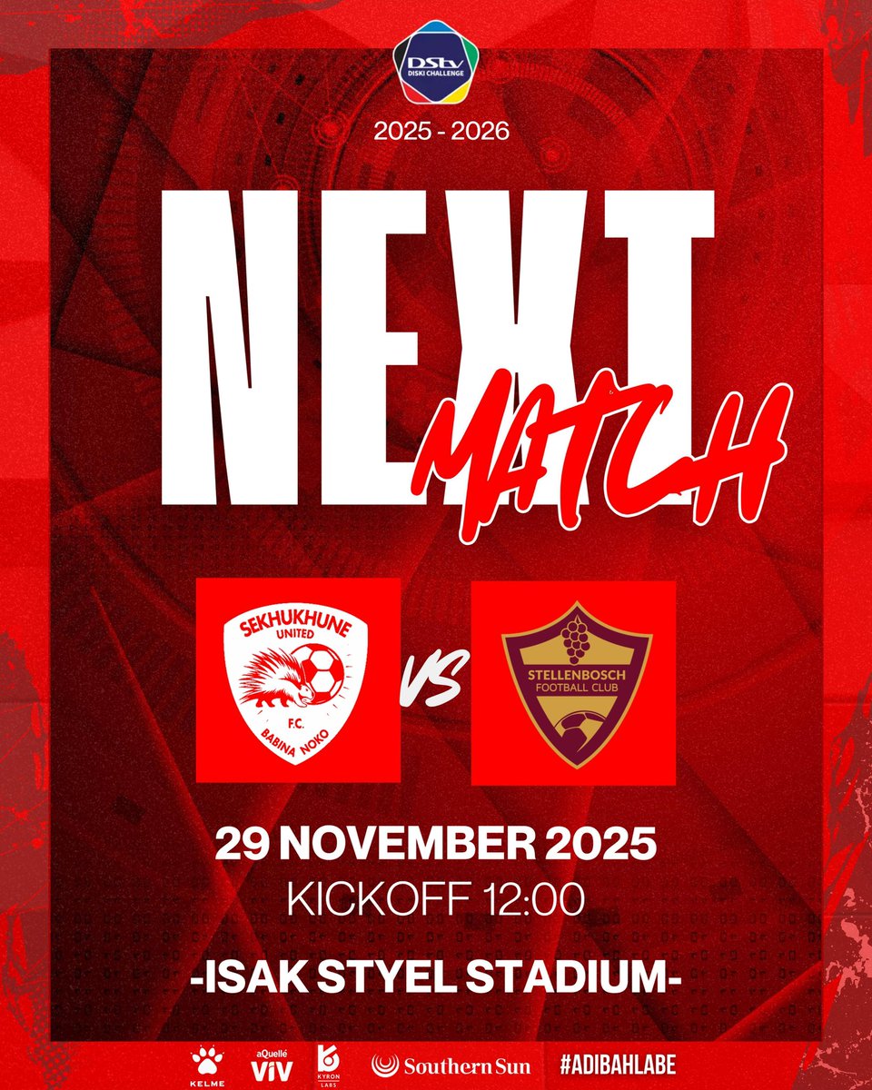 SekhukhuneFc's tweet image. 🚨 DDC NEXT MATCH 🚨

🆚 Stellenbosch FC 
🏆#DStvDiskiChallenge
🏟️ Isak Steyl Stadium 
📅 Saturday | 29 Nov 2025 | 🕐 12:00

🦔🦔🦔

#Adibahlabe  #GcwalaNgeNewGeneration
#Asidlali
#SivuthaManje