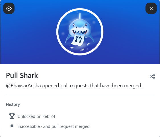 AESHABHAVSAR_'s tweet image. I unlocked Pull Shark on @github! 😊github.com/users/BhavsarA… 
Grateful for the opportunity to contribute and grow through open source. 🚀
#GitHub #OpenSource #DeveloperJourney #PullRequests #WomenInTech #GitHubJourney
