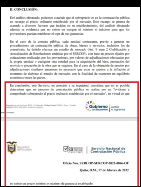 edwinrmr's tweet photo. @JoseJulioNeira No existe forma d determinar sobreprecio en un contratación. Y quién lo dice? El @SERCOPec. Si necesitas el oficio completo te lo puedo pasar y si deseas un curso en contratación pública a las órdenes. Por cierto no pudieron refutar q la VPN no es una contratación @aquilesalvarez https://t.co/5RC97Hee7a