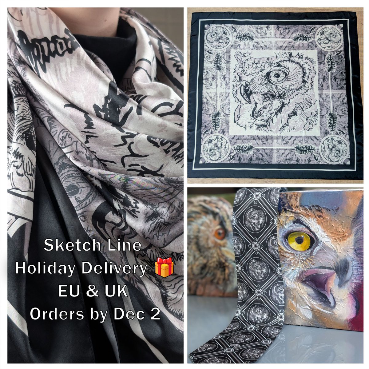 RichterAllison's tweet photo. 🧣 EU and UK holiday delivery deadline 🎁
Order Sketch Line scarves and ties by Dec 2 to arrive before Christmas.

Each design is created from my original owl artwork and finished to order with care.

https://t.co/FkpwqWUaQe

#holidayart #sketchline #luxuryscarf #wildlifeart https://t.co/nMg3T0Yyux