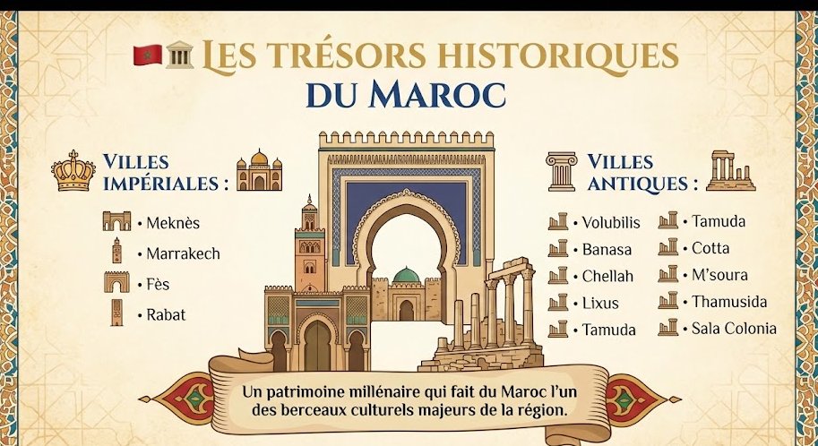 makemorocco's tweet photo. 🇲🇦🏛️ Les trésors historiques du Maroc

Villes impériales :
• Meknès
• Marrakech
• Fès
• Rabat

Villes antiques :
• Volubilis
• Banasa
• Chellah
• Lixus
• Tamuda
• Cotta
• M’soura
• Thamusida
• Sala Colonia

Un patrimoine millénaire qui fait du Maroc l’un des berceaux culturels majeurs de la région.