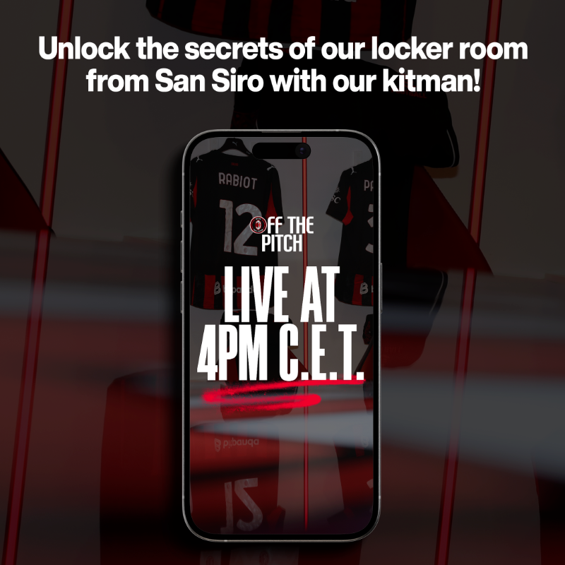 acmilan's tweet photo. AC Milan &amp; @socios take you behind the scenes into the Rossoneri locker room. Join us live at 4pm CET to enjoy the first episode of Off the Pitch.

⚠ Not intended for UK audiences