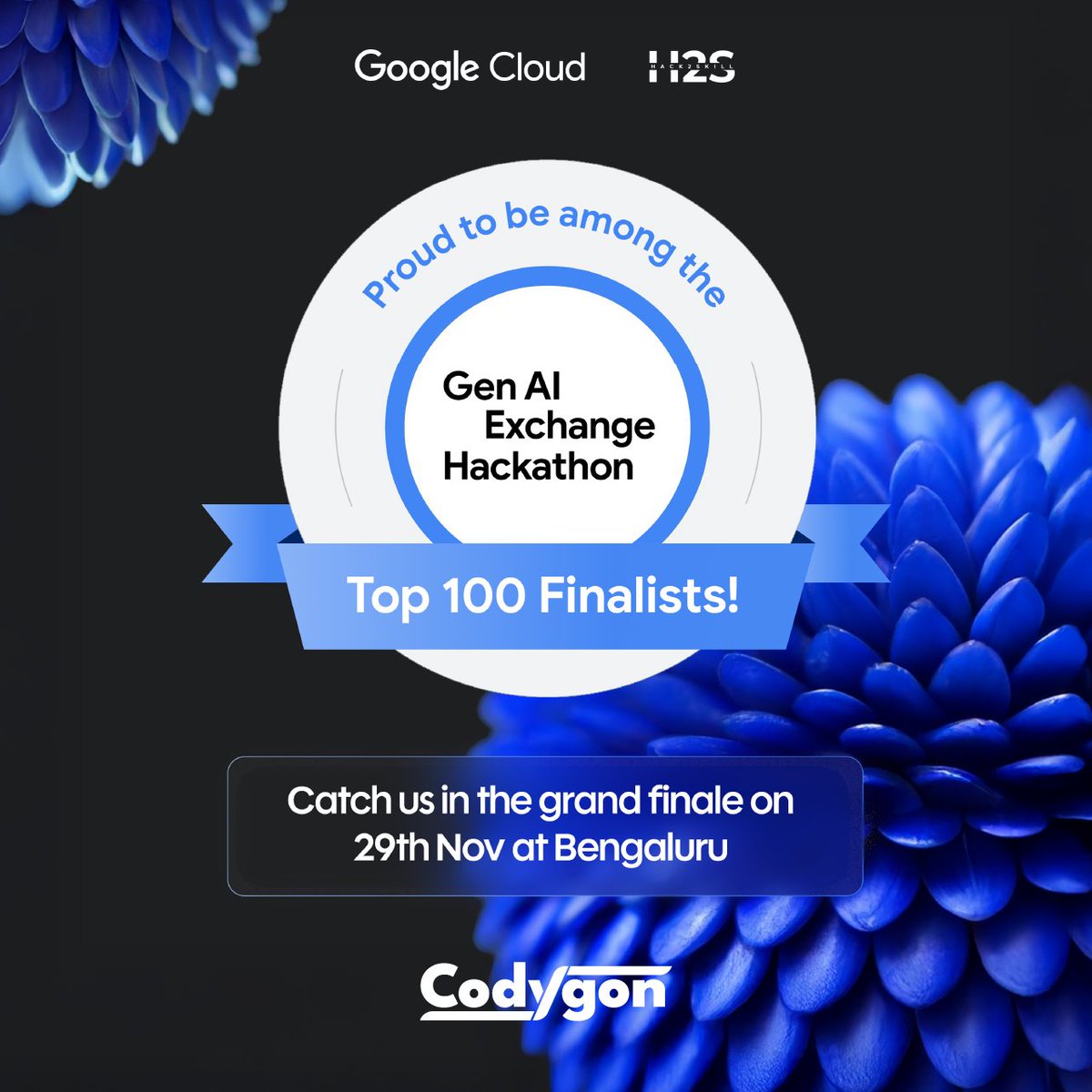 CodygonTech's tweet image. We are thrilled to share that team Codygon has been shortlisted for the grand finale of the @googlecloud  Gen AI Exchange Hackathon 2025, powered by @hack2skill.
Catch us in the finale happening in Bengaluru, on 29th November 2025.
Wish us luck! #GenAIExchange #SolveforIndia