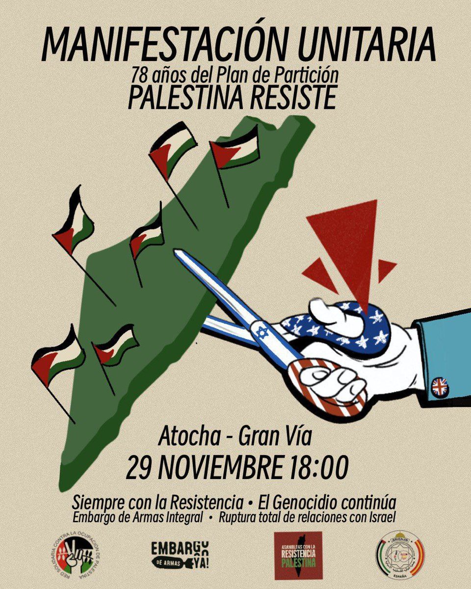 🇵🇸 Desde Podemos Móstoles apoyamos la manifestación unitaria del 29N en Madrid. Palestina resiste, y nosotras con ella. Exigimos embargo total de armas y ruptura de relaciones con Israel. ¡Basta de genocidio! #PalestinaLibre #29N #EmbargoYA