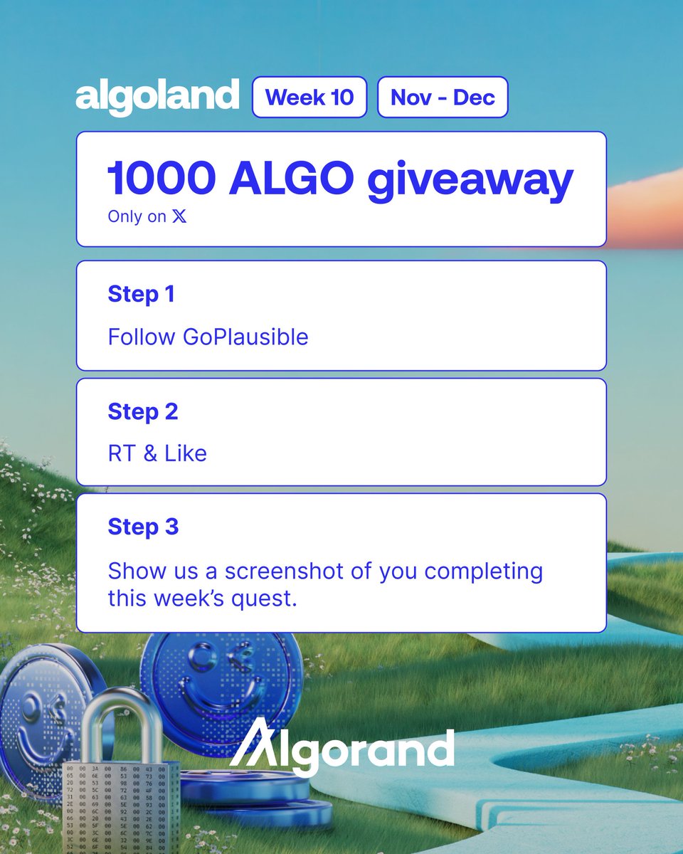 AlgoFoundation's tweet image. Win an extra 1,000 ALGO this week in Algoland!

1. Follow @GoPlausible
2. RT &amp;amp; Like
3. Reply below with proof that you completed this week’s quest