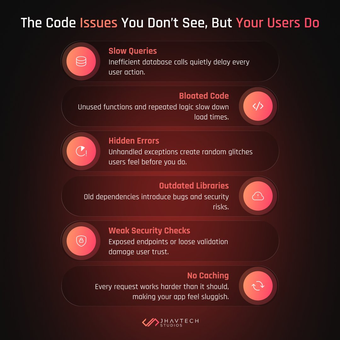 JhavtechStudios's tweet image. Your users feel code issues before you see them.
Slow queries. Hidden errors. Outdated libraries.
Here’s why your app feels slower, and how a free code review can fix it: tinyurl.com/3rktf7aw
Follow us for technical insights that make your product faster.

#CodeReview