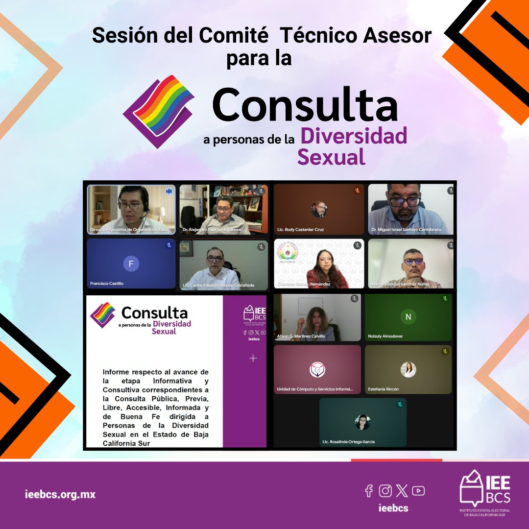 ieebcs's tweet image. 🏳️‍🌈 Sesión del Comité Técnico Asesor para el proceso de la Consulta Pública, Previa, Libre, Accesible, Informada y de Buena Fe dirigida a Personas de la Diversidad Sexual en el Estado de Baja California Sur | 📅 27-11-2025.