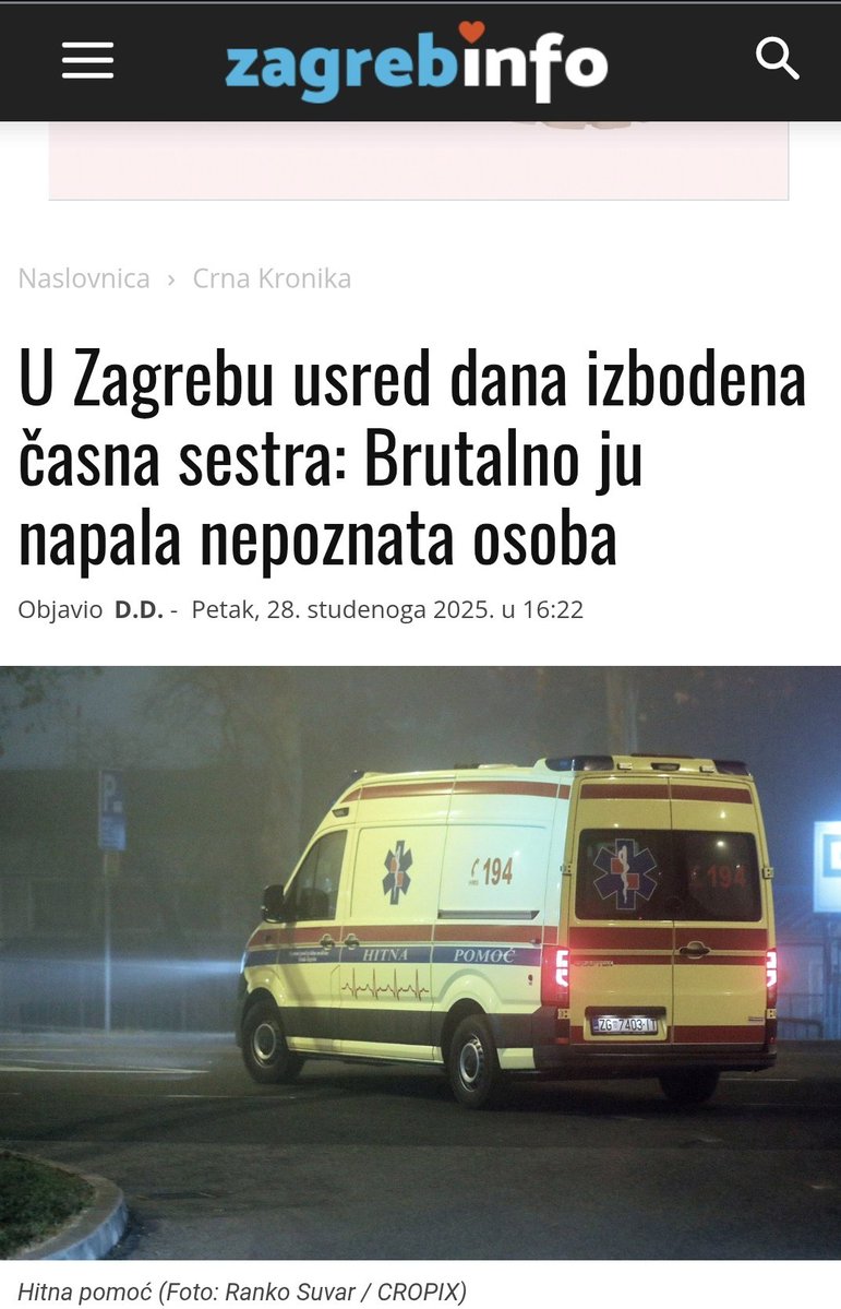 alpha_tauri28's tweet image. Danas je u Zagrebu, na Malešnici, izbodena časna sestra.
Časnu je napao migrant uz vjerske povike.
