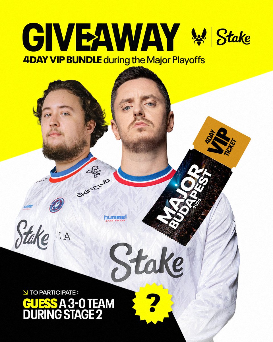 WIN VIP TICKETS TO THE BUDAPEST MAJOR WITH 
<a href="/Stake/">Stake.com</a> 🎁

1⃣ Retweet this post  
2⃣ Correctly guess one team you think will go 3-0 in Stage 2 

One lucky winner will get tickets for the entire playoffs, and a signed jersey, for you and a friend